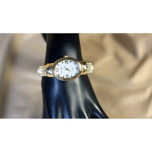 Studio Time Watch Women 25mm Gold Tone White Enamel Open Cuff A38